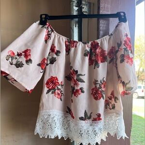 Active USA Floral Off-Shoulder Top - Pink and Red